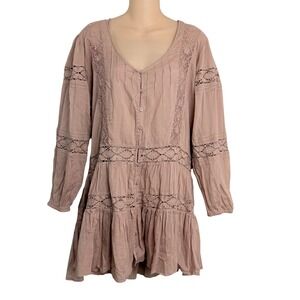 Free People FP One Lace Crochet Tiered‎ Mini Dress Boho Button Front A-Line